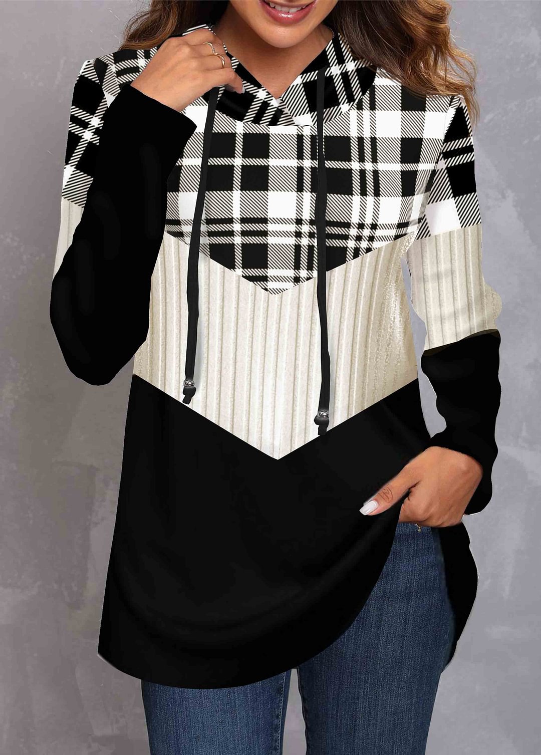 Black Check Colorblock Casual Hoodie
