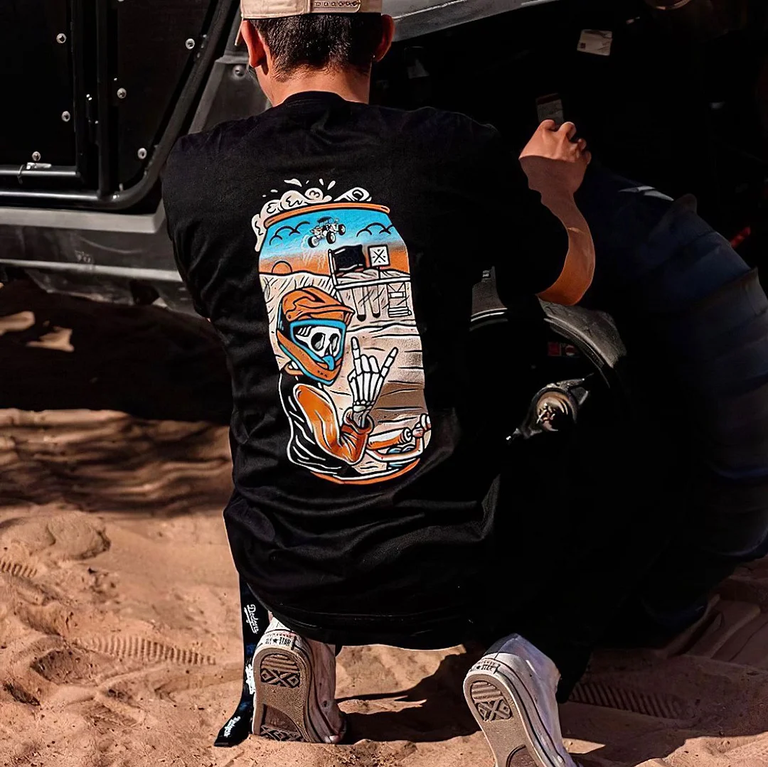 Helmeted Skull Landscape on the Can Black Print T-Shirt
