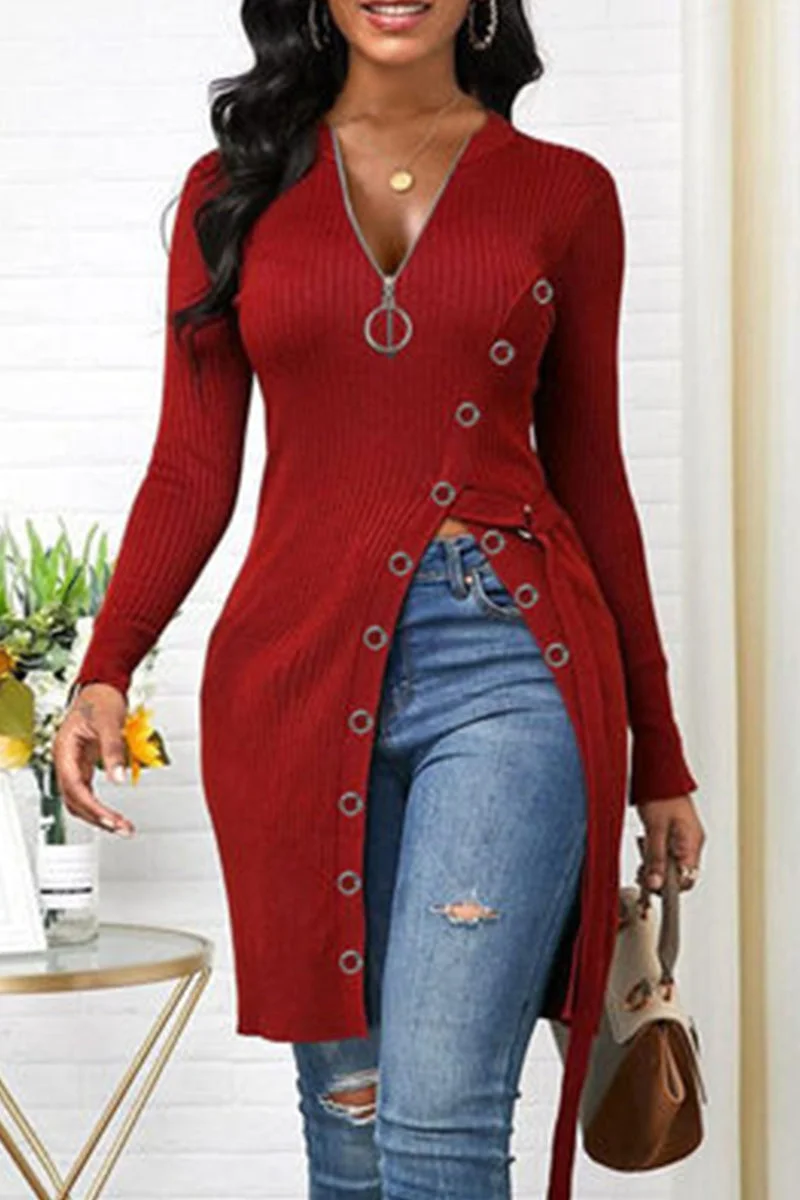 Fashion Casual Solid Split Joint V Neck Tops