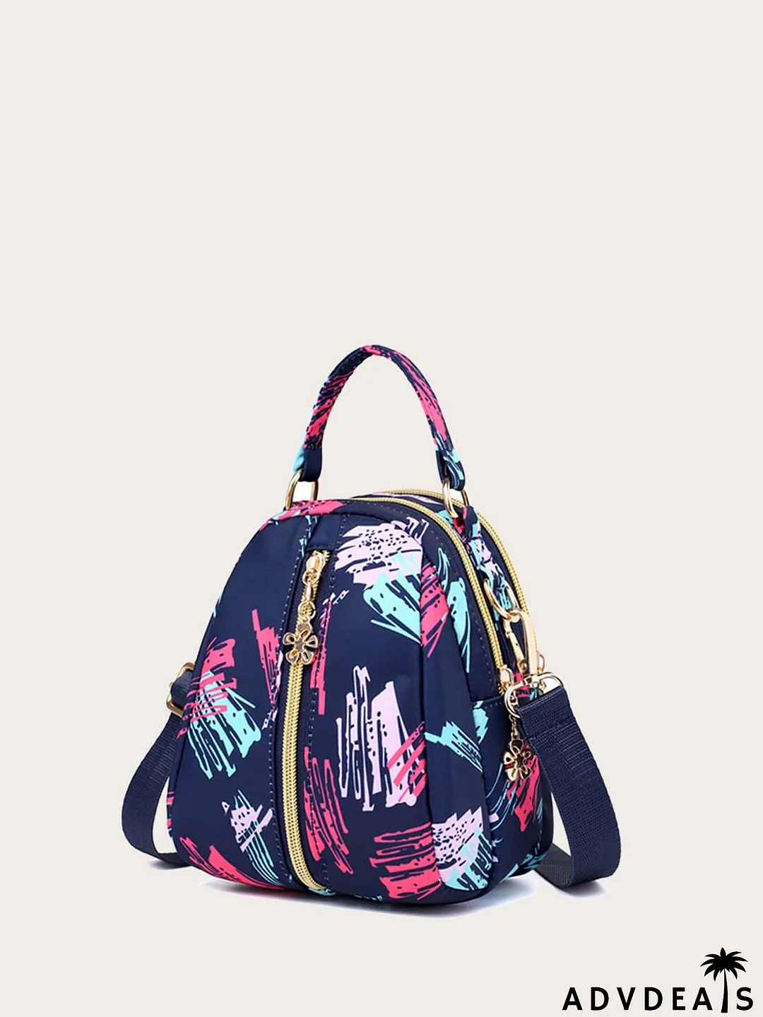 Brush Print Flower Zip Satchel Bag