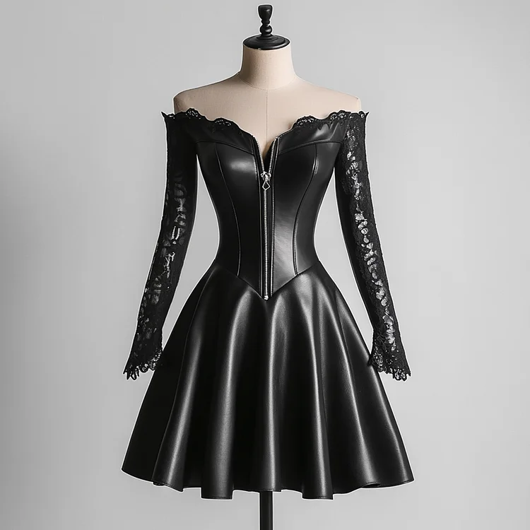 Ursime Off Shoulder Lace Long Sleeve Zipper PU Mini Dress