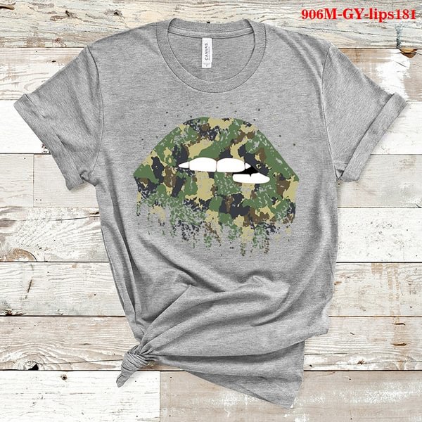 Women's Fashion Casual O-neck Short Sleeve T-shirts Camouflage Lips Print Tee Tops Summer Cotton Shirts - BlackFridayBuys