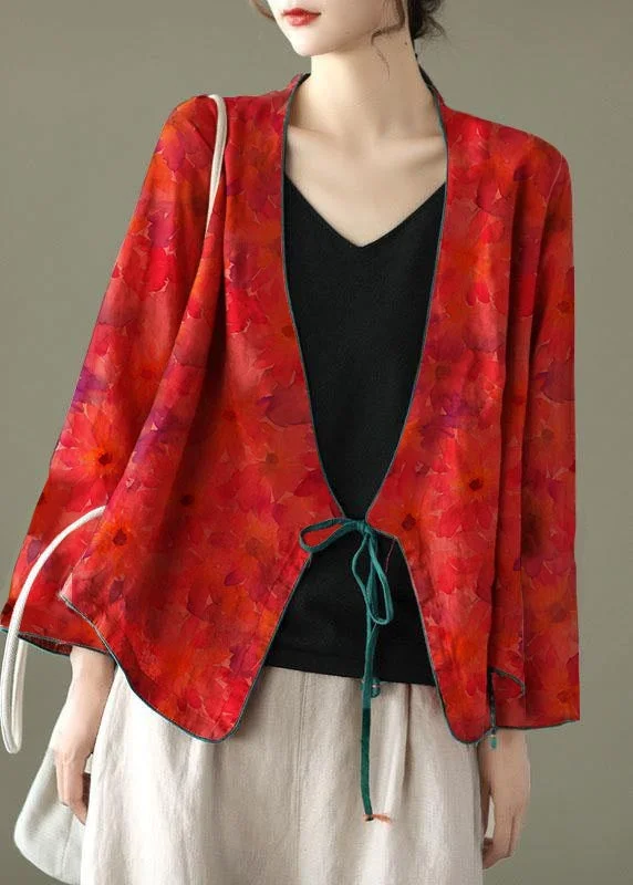 Women Red-Floral pattern Embroidered Long sleeve Linen Shirt
