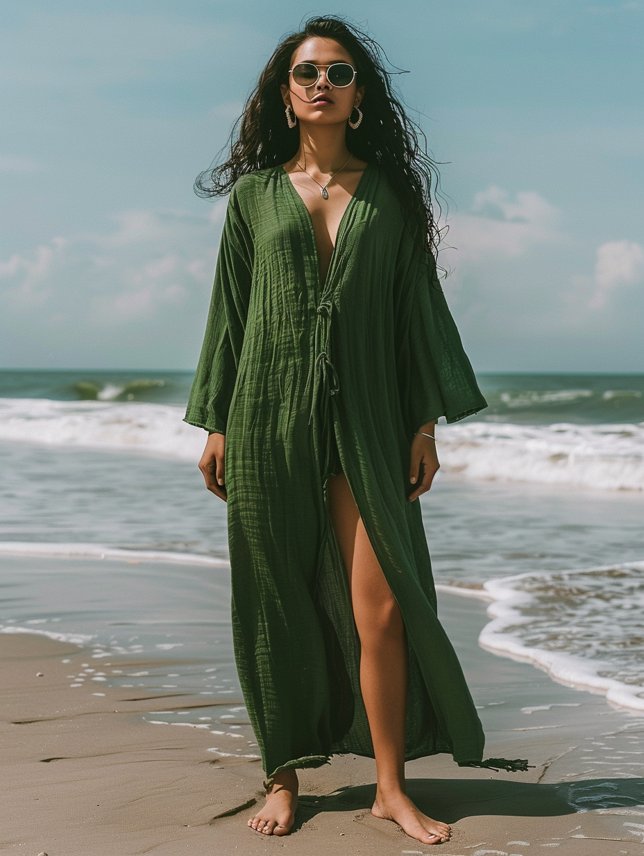 Caftan Kimono Solid Green Color Beach V-Neck Kaftan Dress