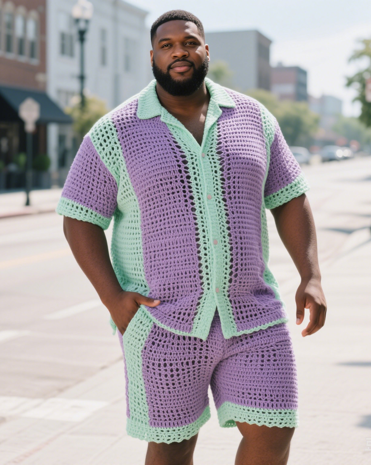 Men's Plus Size Purple Spell Cyan Crochet Shirt Shorts Suit