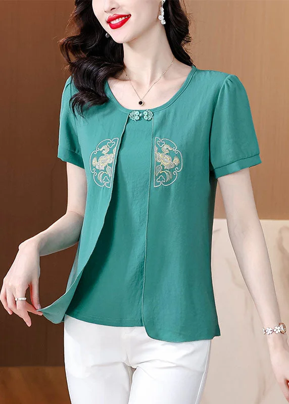 Italian Green Embroidered False Two Pieces Chiffon Blouses Summer