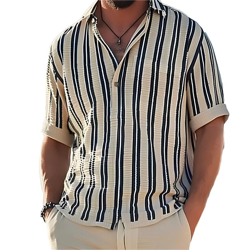 Men's Striped V-Neck Short Sleeve Shirt 