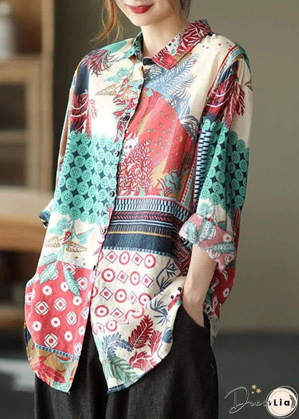 Red Patchwork Linen Shirts Peter Pan Collar Button Long Sleeve