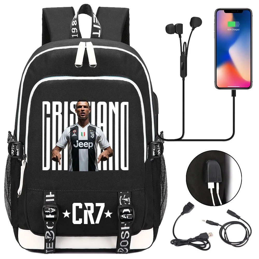 Buzzdaisy Cristiano Ronaldo Printed Backpack with USB Charging Port and Laptop Protection - Multi-Pocket Large Capacity Schoolbag