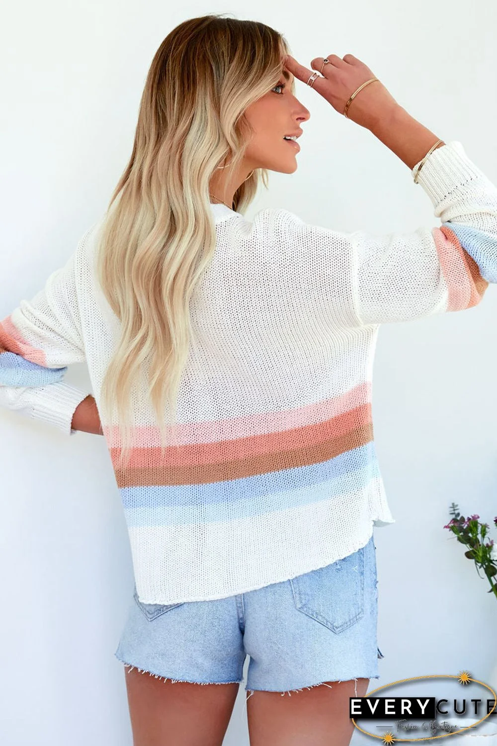 White Ribbed Round Neck Striped Sweater