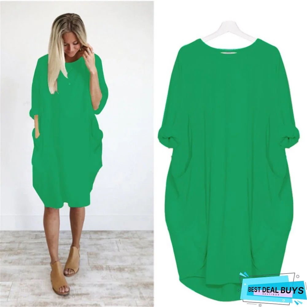 Women's Casual Loose Pocket Long-Sleeved Plus-Size Dress