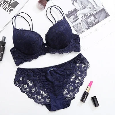 DERUILADY Lace Floral Lingerie Set Push Up Bra Women Comfort Adjusted Bra And Panty Set Sexy Backless Wireless Underwear Set