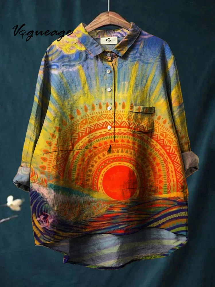 Colorful Sunset Sea Clouds Cotton And Linen Shirt