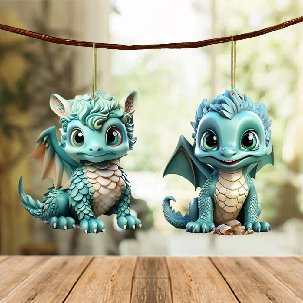 2 PCS Acrylic Flying Dragon Baby 2D Flat Dinosaur Xmas Tree Hangings Ornament