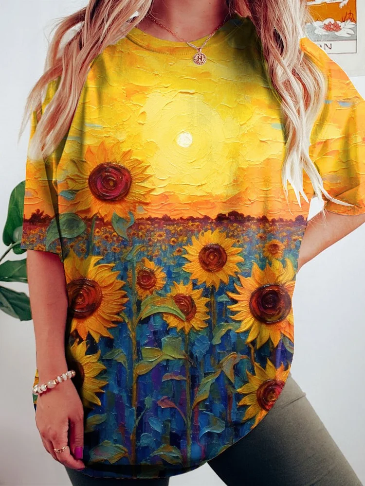 Women's Sunflower Painting Art Print Crew Neck Causl Shirt