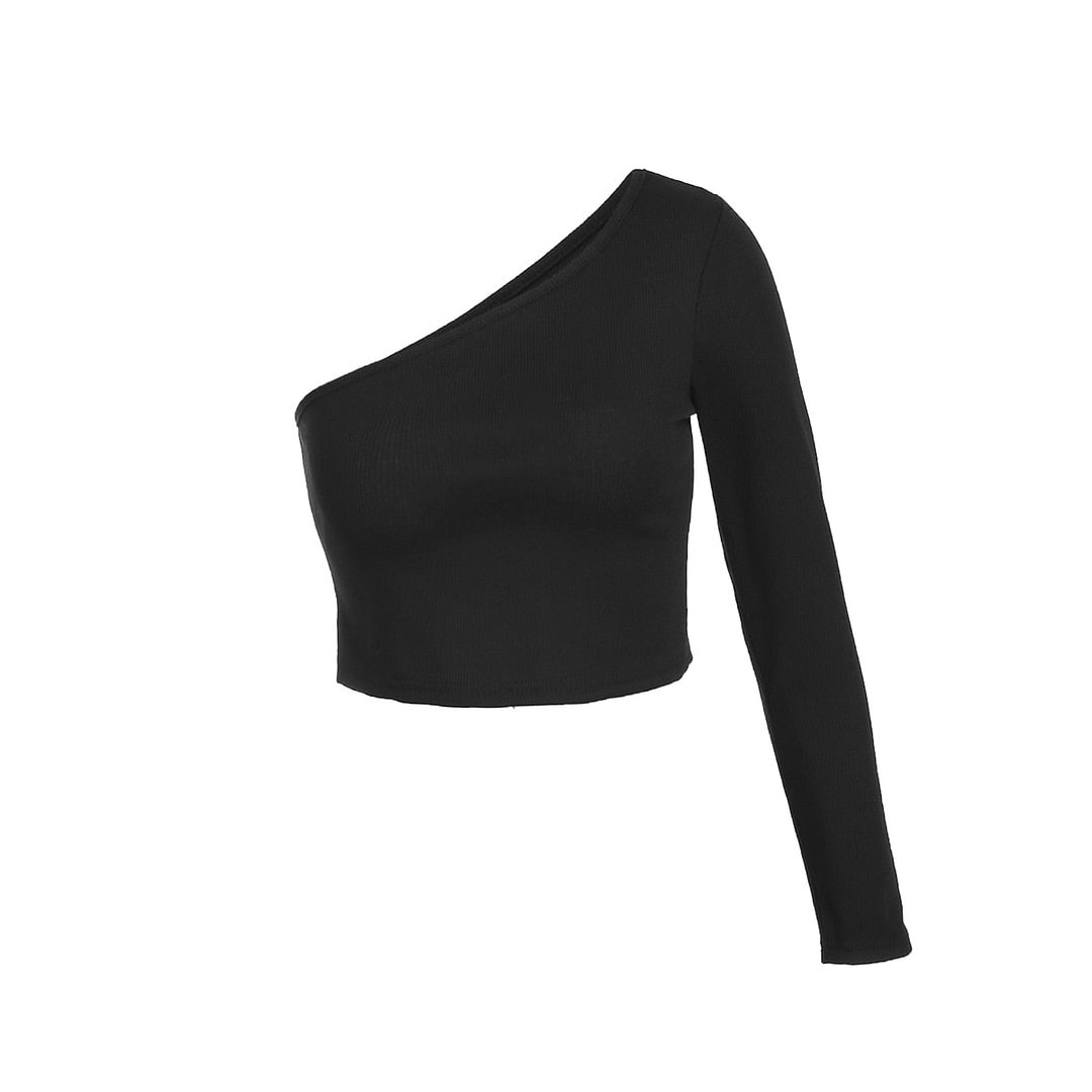 Ladies Fashion Crop Top Women Summer One Shoulder Long Sleeve Ribbed Knit T-shirts Solid Slim Stretch Pullovers Slim Short Tops