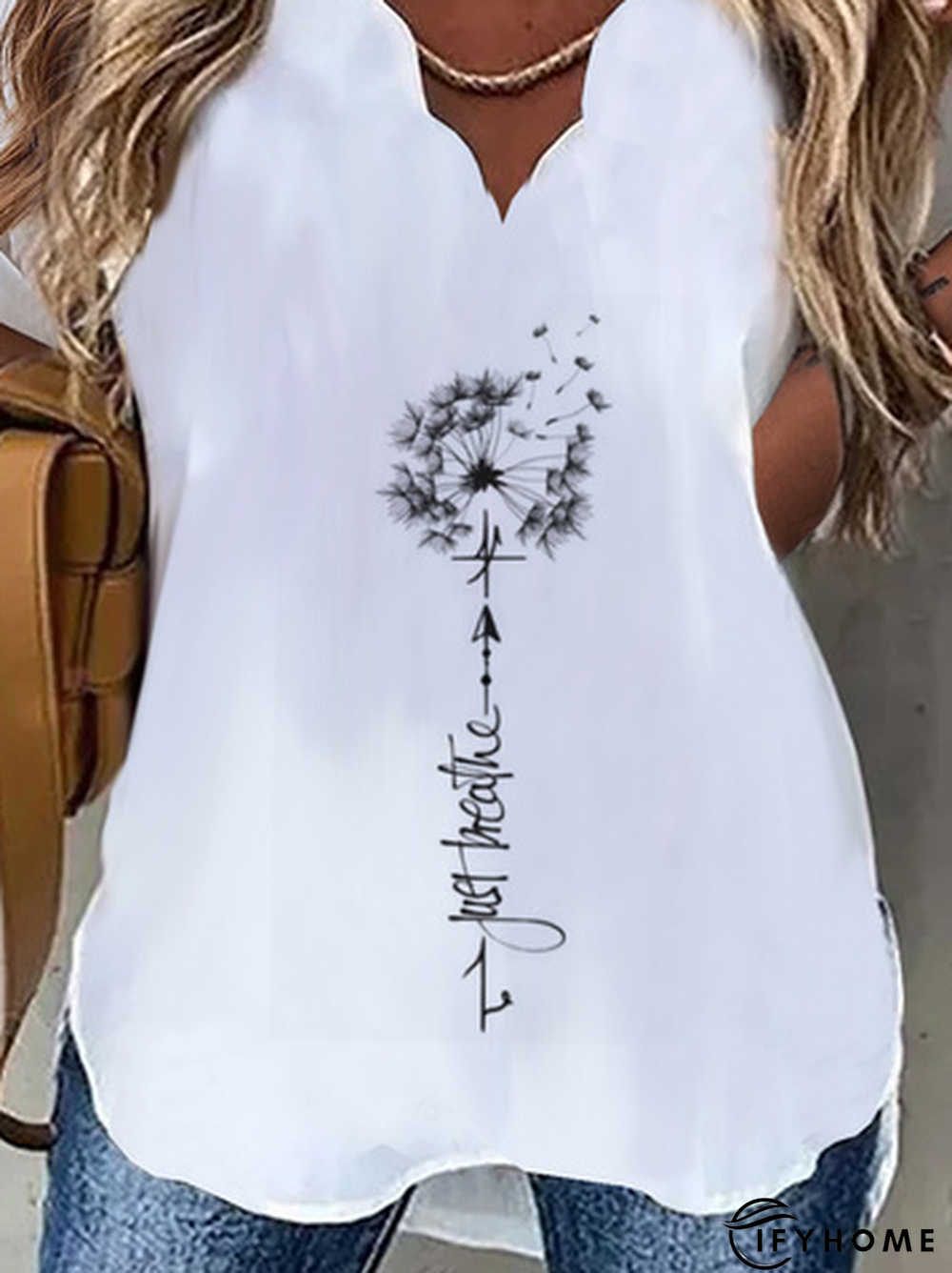 Women's Weekend Daily Casual Loose V Neck Dandelion Printed Short Sleeve Tunic Top | IFYHOME