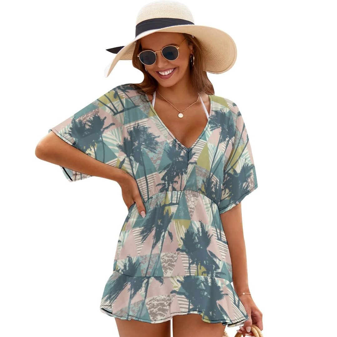 Tropical Palms Summer Beach Chiffon Mini Cover Up Dress