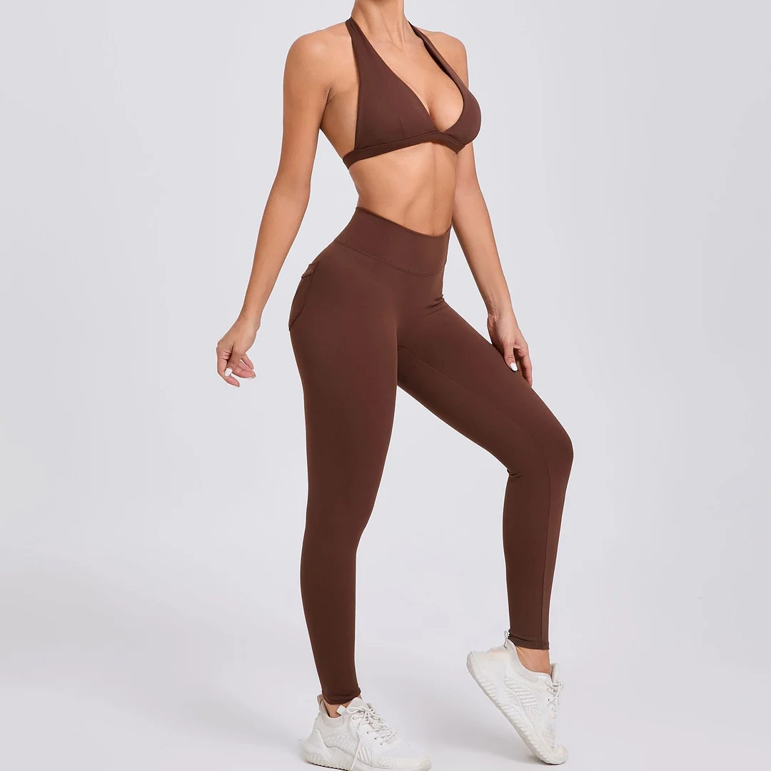 Woherb Woherb Neck Bra Pocket Trousers Yoga Suit Tight Body Beautiful Back Speed Dry Fitness Suit Outdoor Running Two-Piece Set-Outfit Ideas