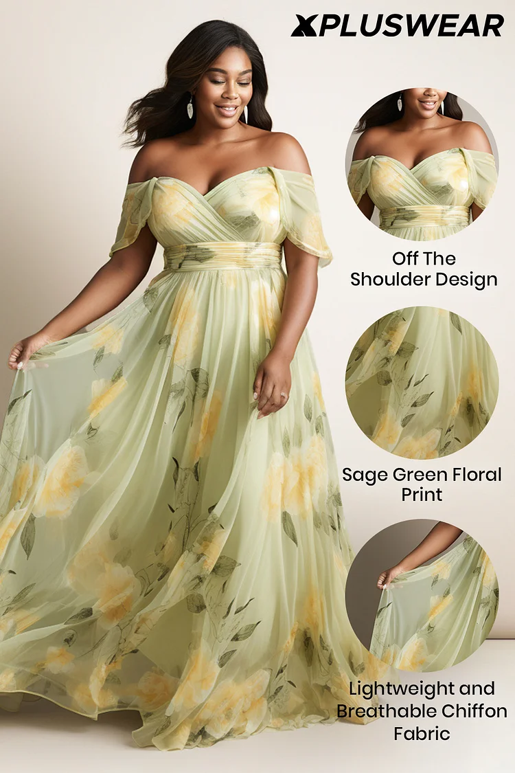 Xpluswear Design Plus Size Wedding Guest Sage Green Floral Off The Shoulder Sundress Short Sleeve Chiffon Maxi Dresses