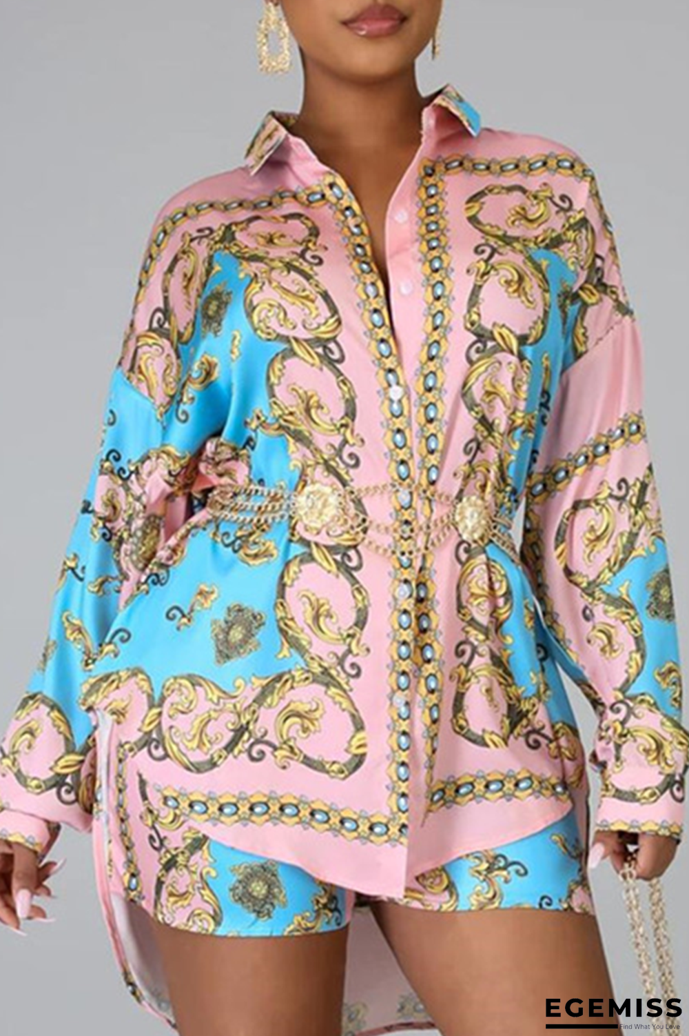 Baby Blue Casual Print Patchwork Turndown Collar Long Sleeve Two Pieces | EGEMISS