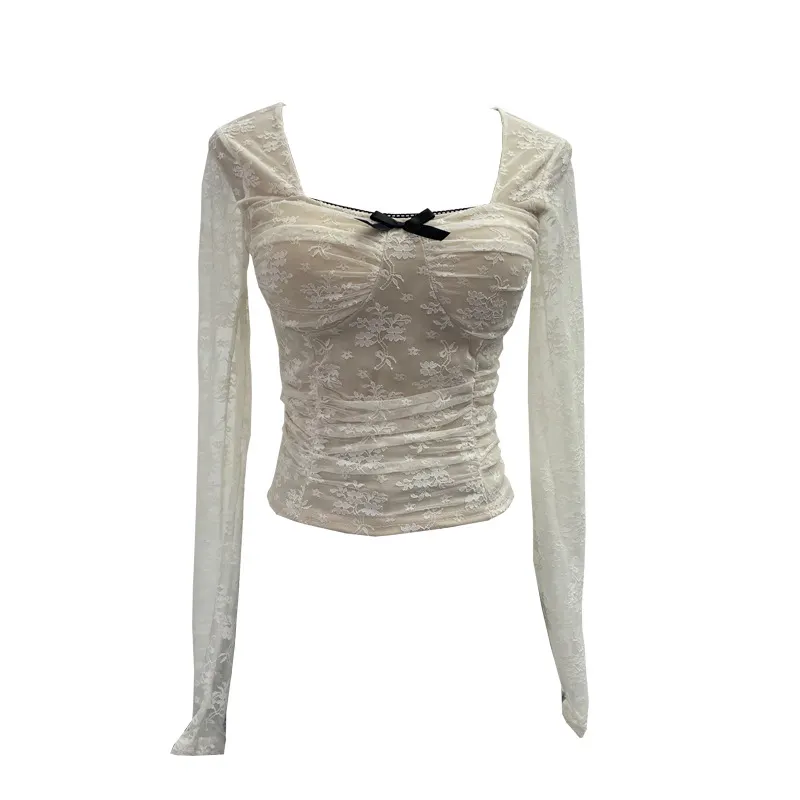 Nigikala Nigikala Pat With Chest Cushion Square Collar Bow Lace Long Sleeve Bottom Top Dress Slim Slim Short Shirt 9520