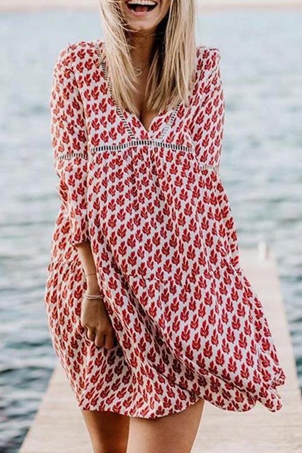 Womens Fashion Printed Loose Flared Sleeve Dress-Allyzone-Allyzone
