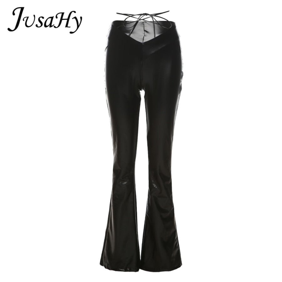 JuSaHy Y2K Black Faux PU Flare Pants for Women Fashion High Waist Drawstring Slim Leather Pants Trousers Autumn New Bottoms