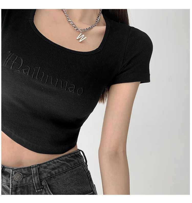 Uveng Uveng Letter Embroidered Slim Bottom Shirt Square Collar Low Breast Collarbone Short-Sleeve T-Shirt Midcrop High Waist Top