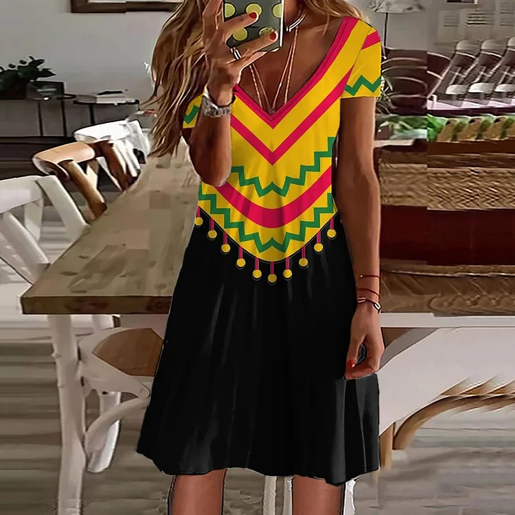 VChics Cinco De Mayo Print Color Block Casual Midi Dress