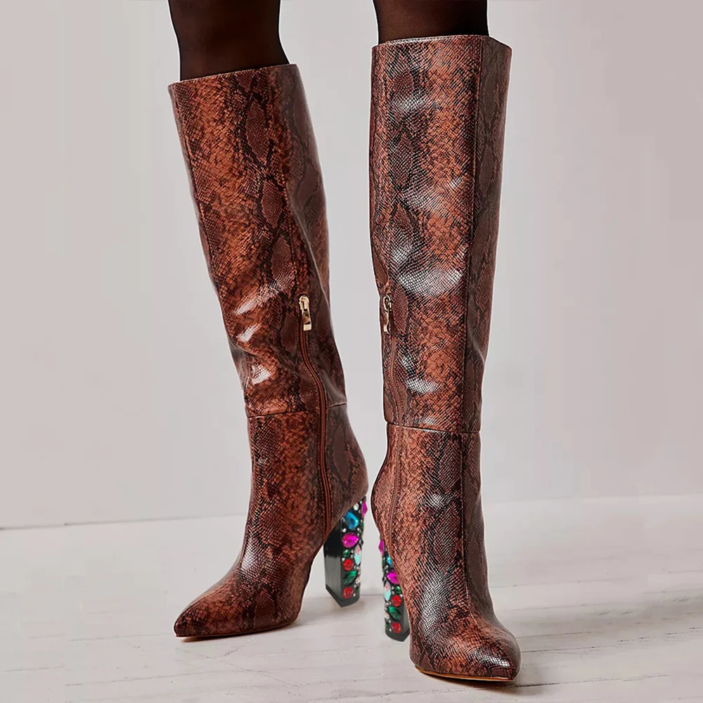 Snakeskin Pointed Toe Boots Decorative Block Heel Knee Boots Nicepairs