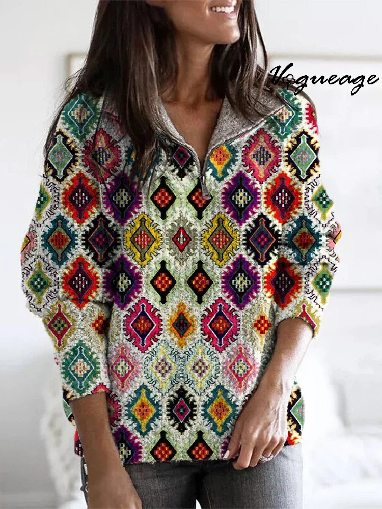 Fashion Retro Color Squares Zippered Long-Sleeved Sweater
