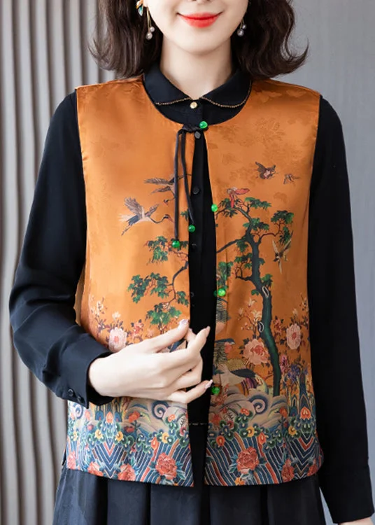 Elegant Orange O-Neck Print Button Side Open Silk Waistcoat Spring