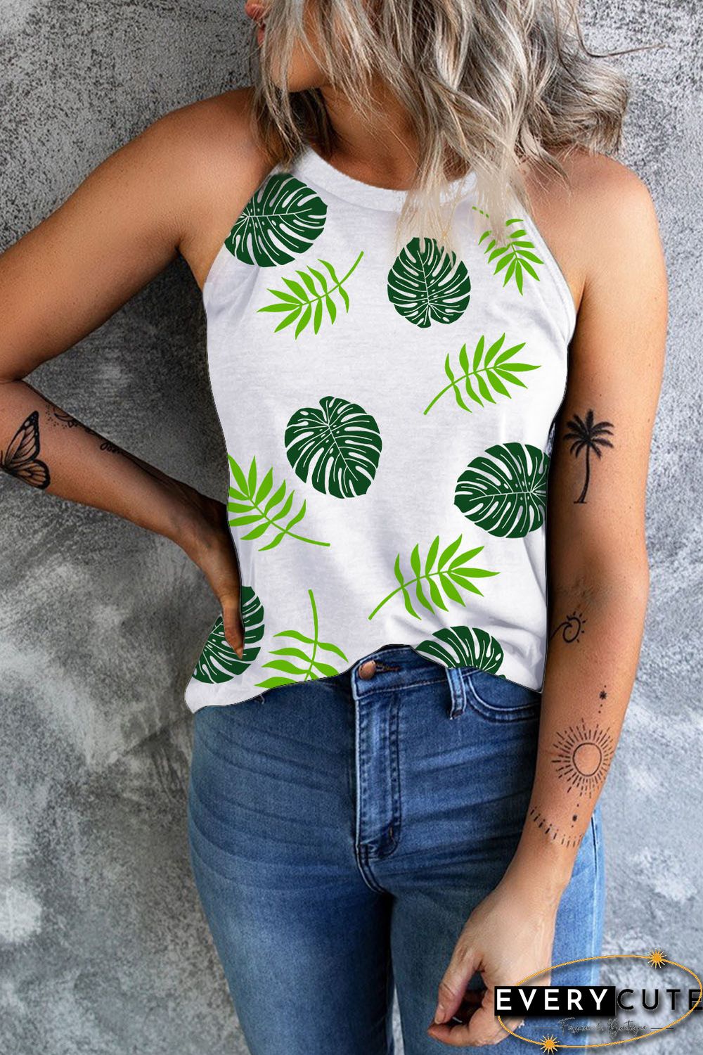 White Palm Leave Graphic Print Slim Fit Halter Tank Top
