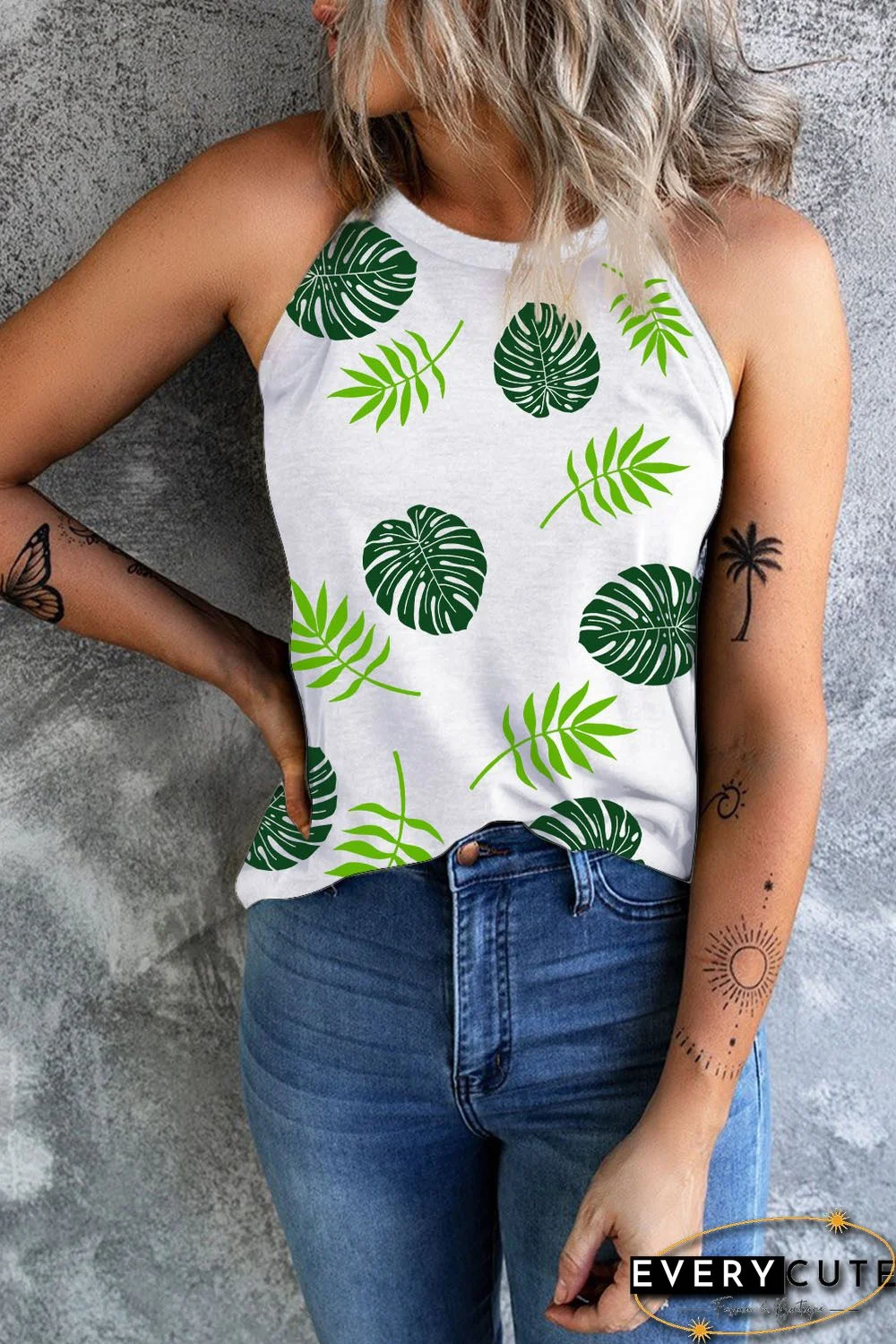 White Palm Leave Graphic Print Slim Fit Halter Tank Top