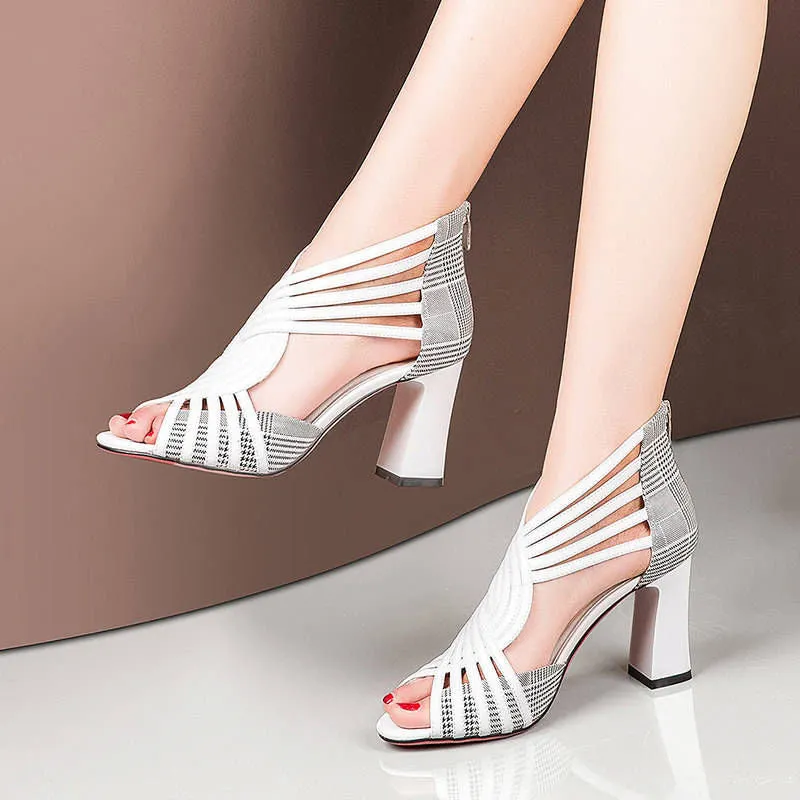 2020 NEW Gladiator Shoes Woman High Heeled Sandals Women Summer Heels Square Heel Peep Toe Wild Joker Back Zip Red Black White