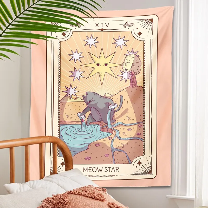 Cute Cat Tarot Tapestry Wall Hanging psychedelic decoration Witchy Boho sun moon Star Tapestries Living Room Kids Room Bedroom