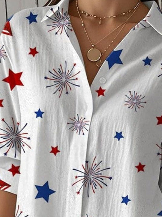 Women 3/4 Sleeve Shirt Collar National Flag Printed Graphic Button Tops