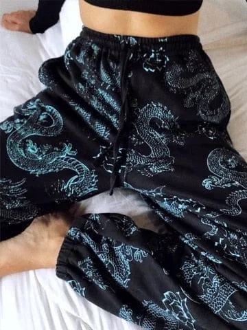 pornhint Pornhint InsGoth Women Streetwear Pants Harajuku Gothic Vintage Black Harm Pant Dragon Print High Waist Casual Loose Long Trousers Female