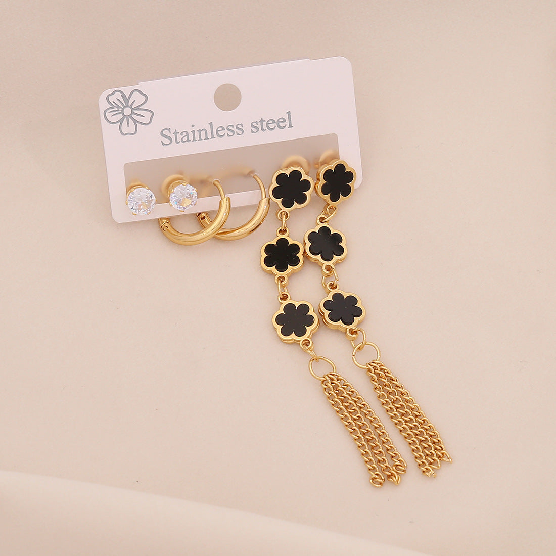 Niche Long Love Titanium Steel Earrings Set Six-Leaf Flower Earrings Stainless Steel E605