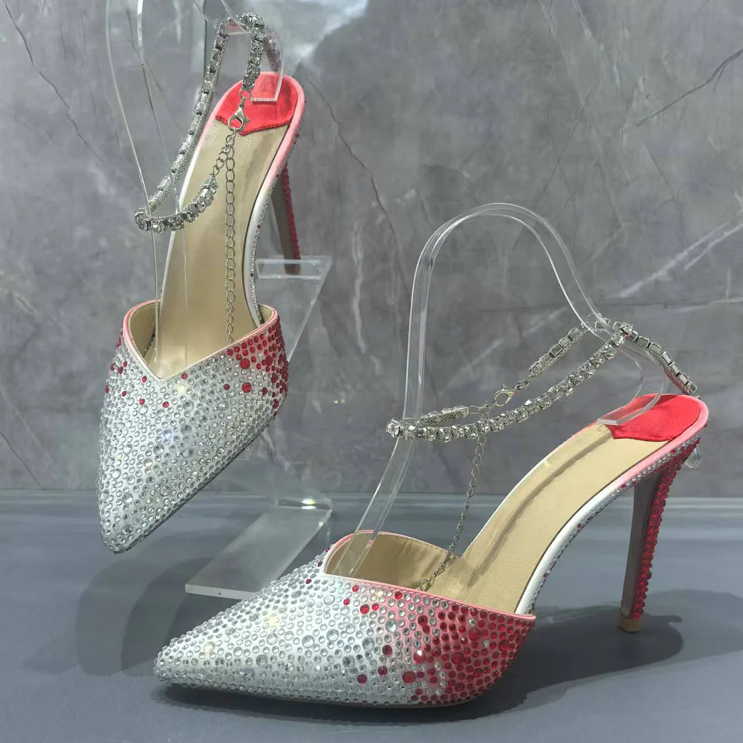 Women's 80mm/100mm/120mm High Heels Rhinestone Crystal Ankle Chain Pointed Toe Stilettos Pumps Shoes