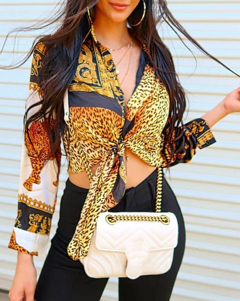 2021 Women's Blouse Spring Casual Sexy Look Chic Leopard Print Knot Front Long Sleeve Blouse