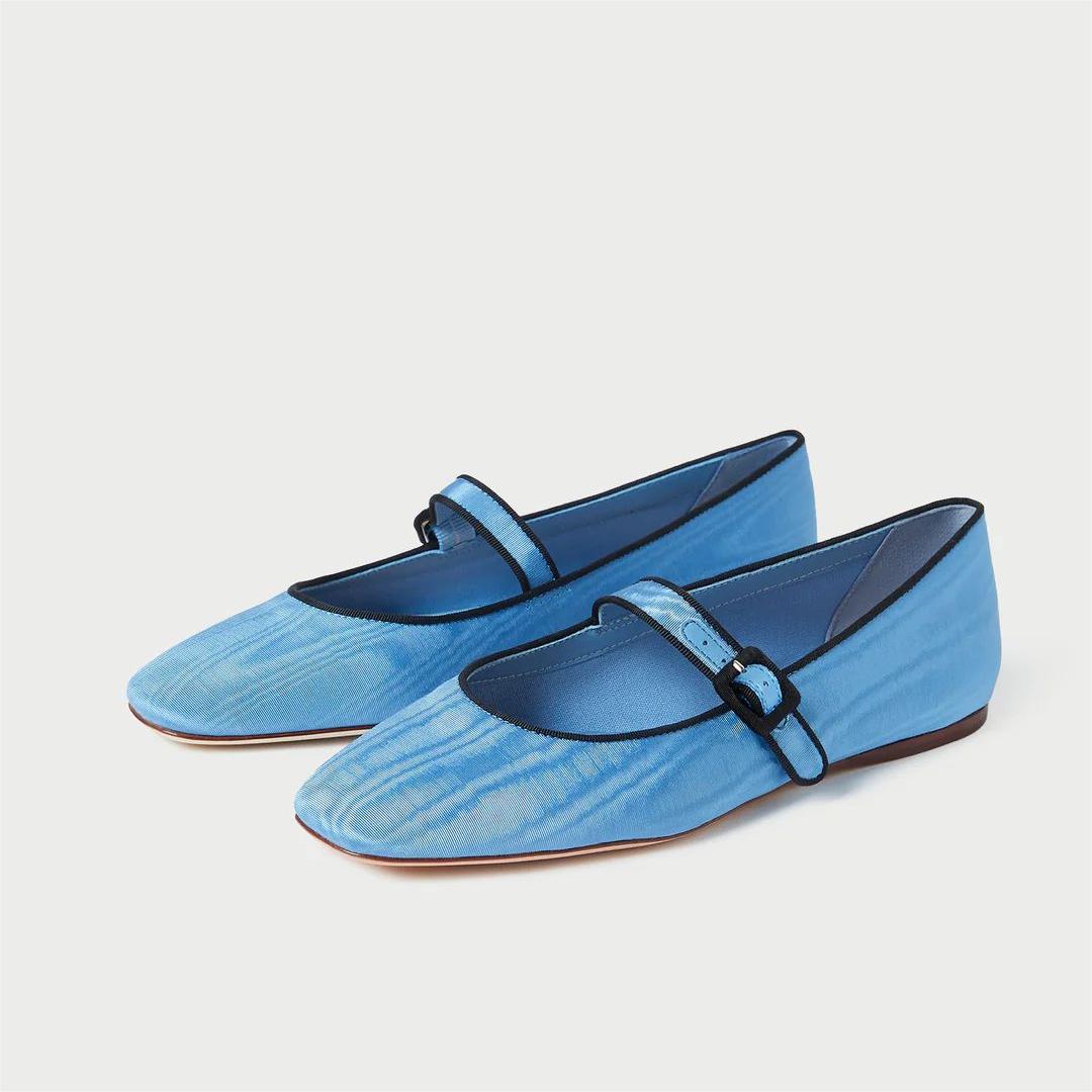Comfortable Blue Fabric Square Toe Flat Mary Jane Shoes with Strap Nicepairs