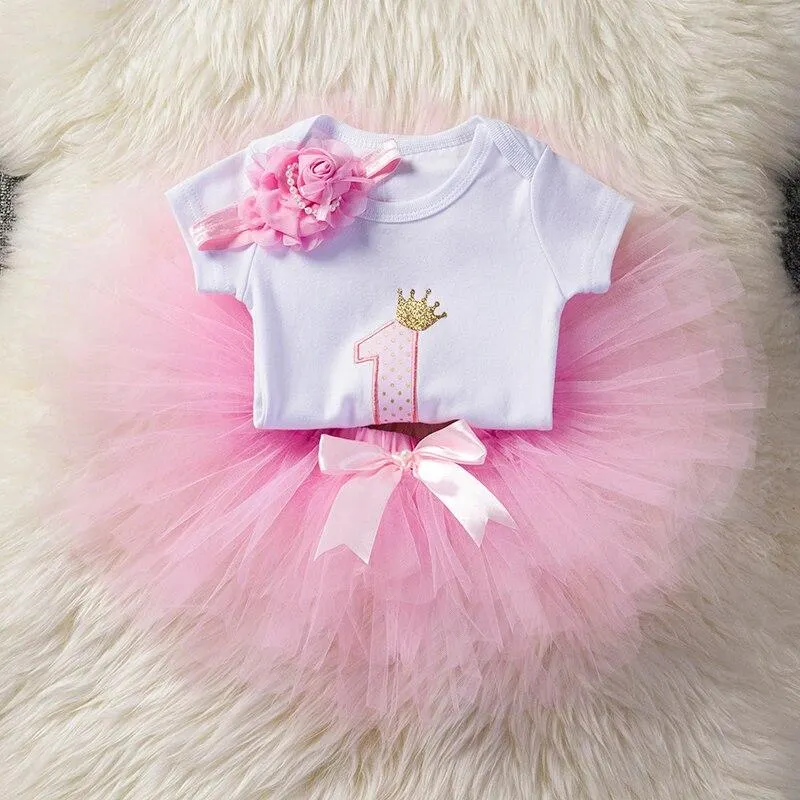 Flower Headband Short Sleeve Top and Tutu Dress Outfits 3pcs for 1 Year Baby Girls First Birthday Party Cotume Newborn Clothes