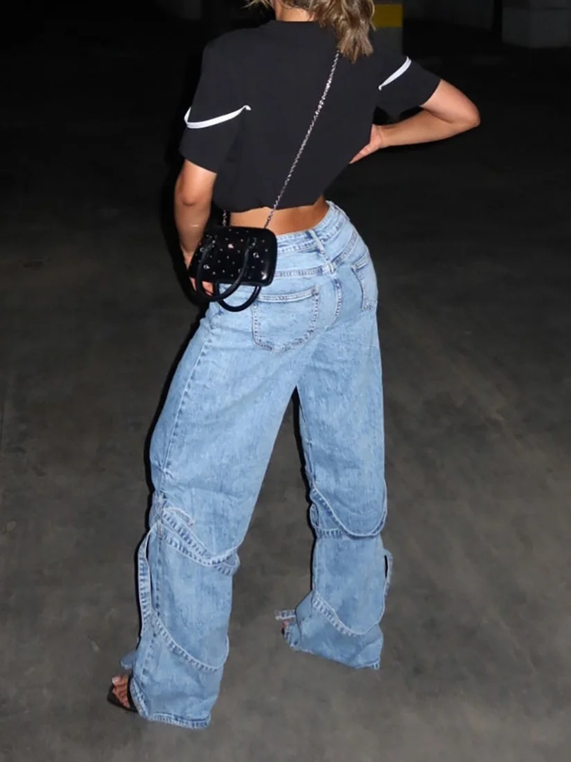 Athvotar Athvotar New Water Wash Strap Spliced Straight Jeans Woman | High Waist Thin Hot Babes Sexy