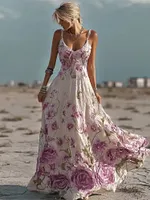 Boho Floral Embroidery Vintage Women's Linen Spaghetti Strap Maxi Dress
