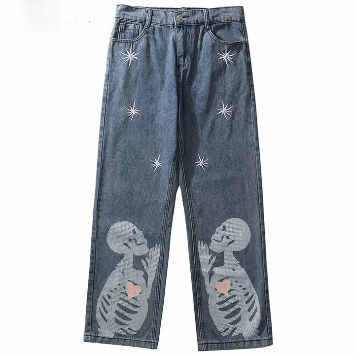 Men Hip Hip Denim Streetwear Heart Skeleton Denim Pants at Hiphopee