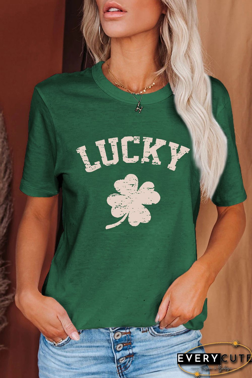 Green St. Patrick's Day LUCKY Clover Print Graphic T-shirt