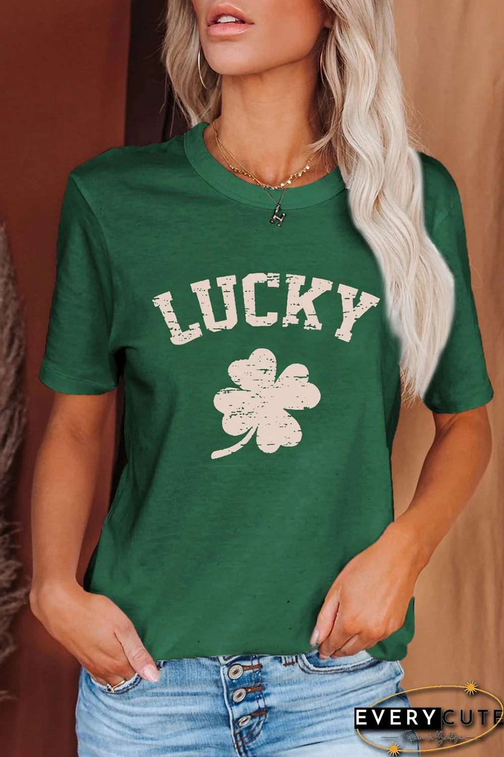 Green St. Patrick's Day LUCKY Clover Print Graphic T-shirt