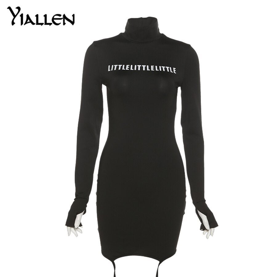 Yiallen Autumn Letter Print Skinny Mini Dress 2021 New Women Turtleneck Long Sleeve Stretchy Bodycon Solid Sexy Slim Streetwear